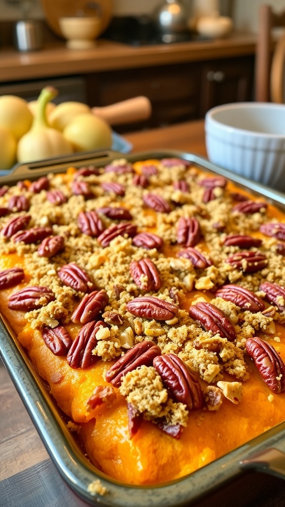 Sweet potato casserole in an 8x8 baking dish topped with pecans, served in a cozy kitchen.